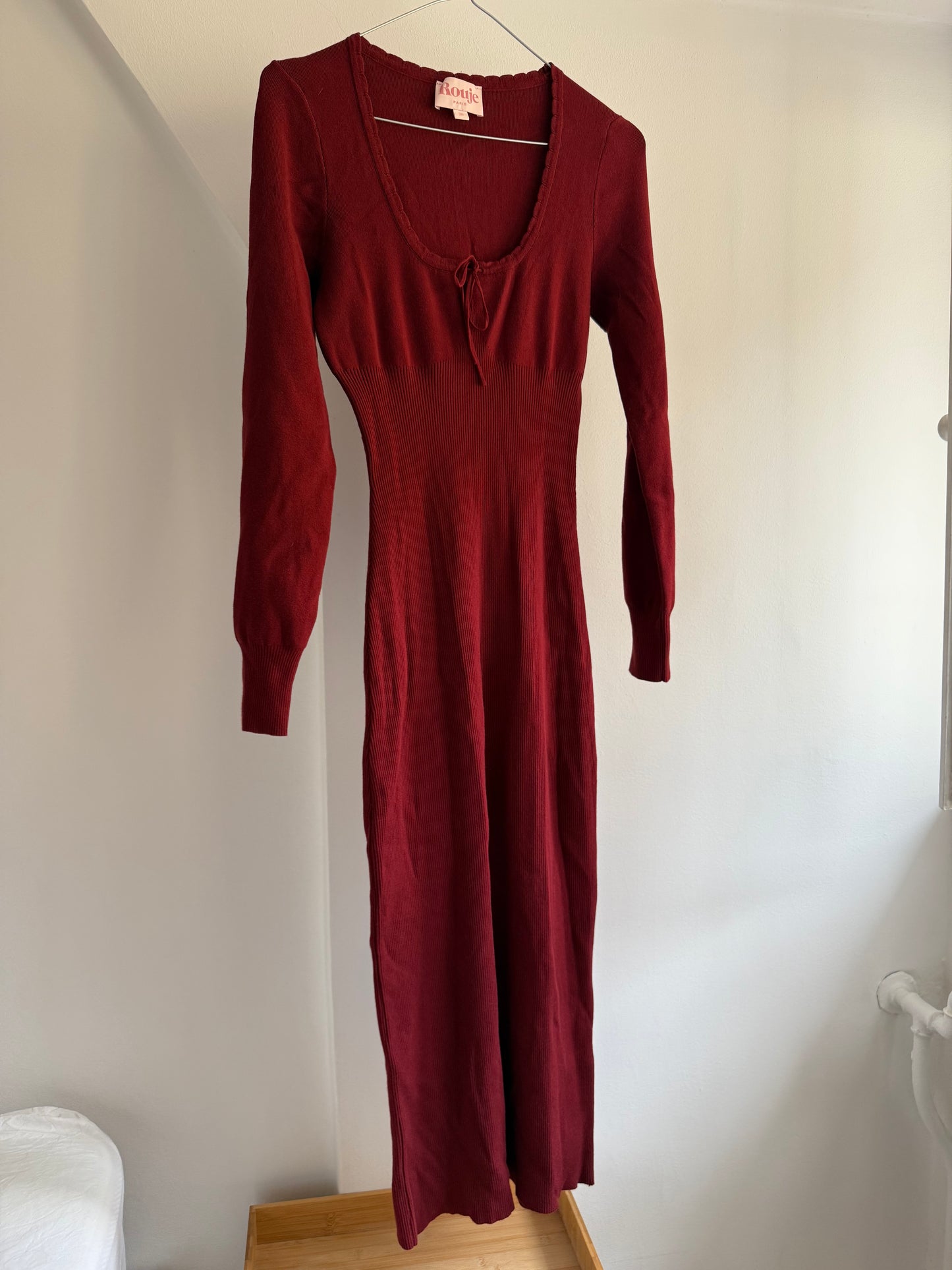 Rouje Wine Red Dress with Defined Waist and Tie Details