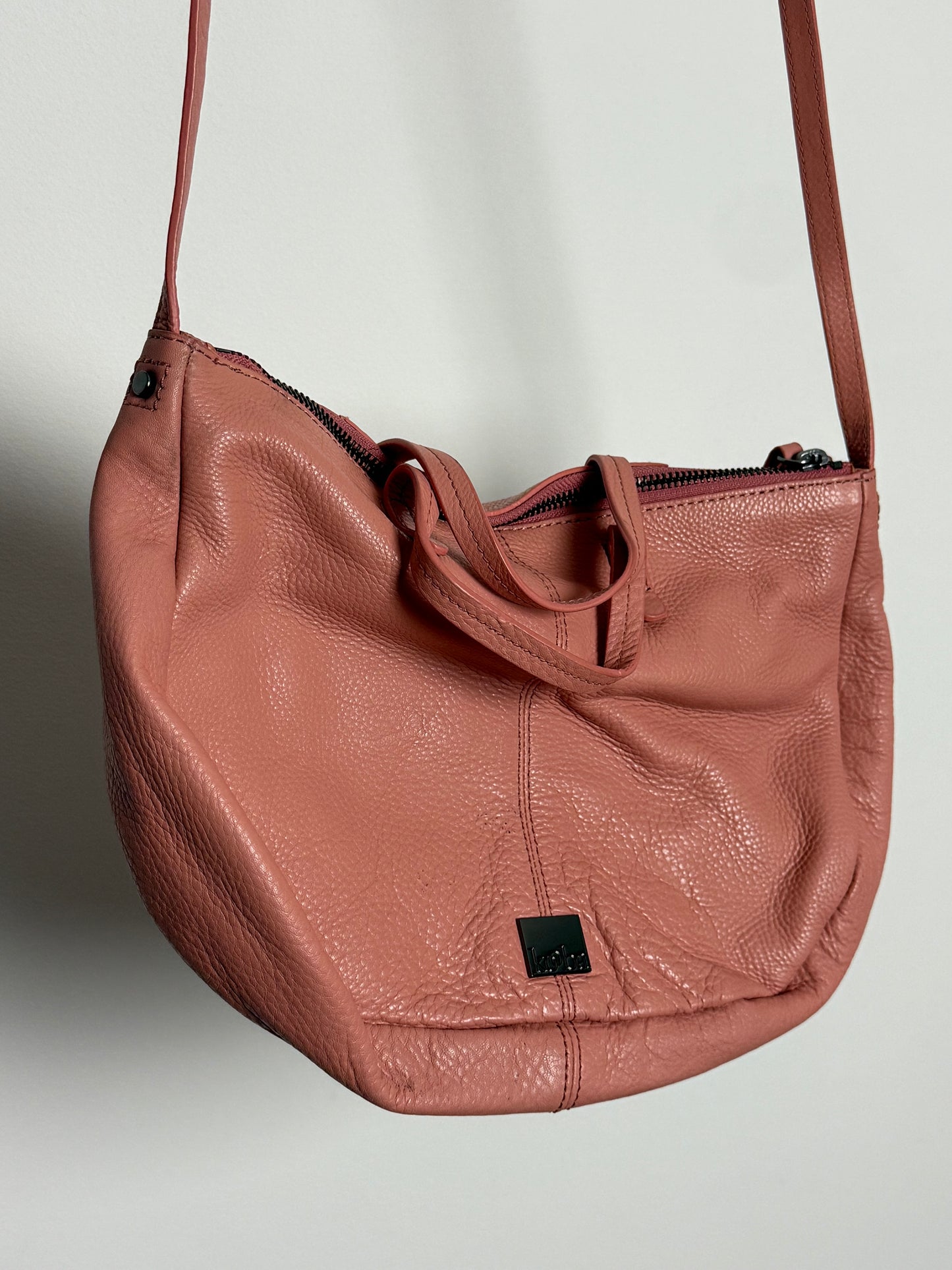 Kooba Blush Soft Leather Shoulder Bag with Multi Zip Pockets and Adjustable Strap
