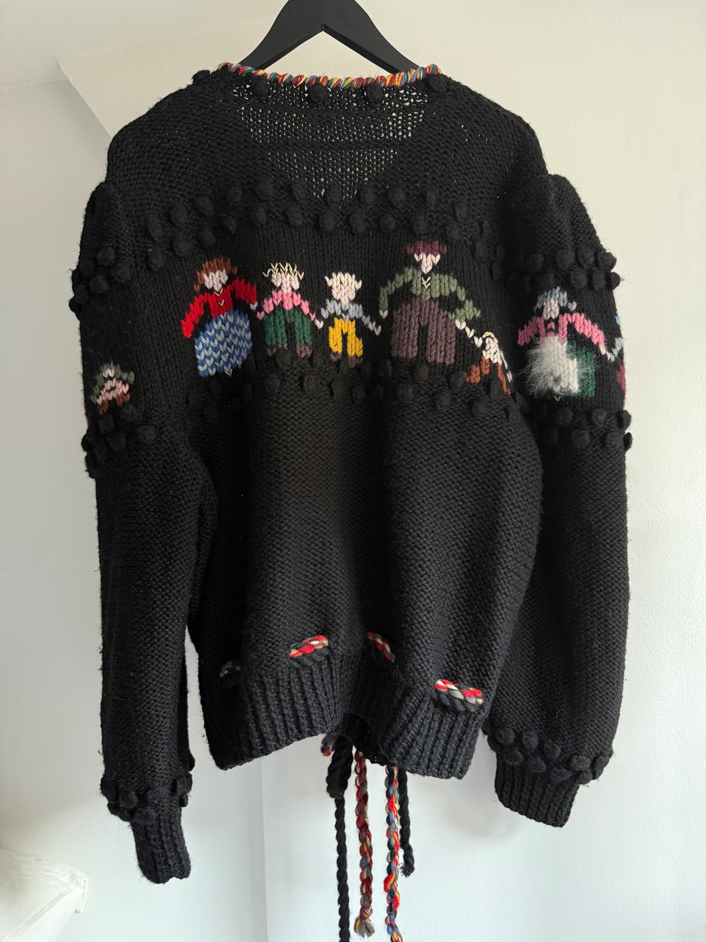 Vintage Knit Folk Art Ckunky Cardigan With Village Motif