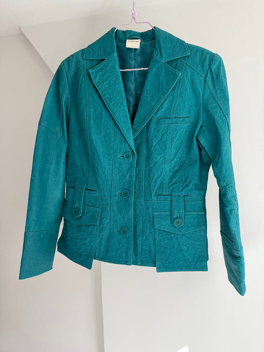 Vintage Turquoise Leather Jacket with Structured Fit and Utility Pockets