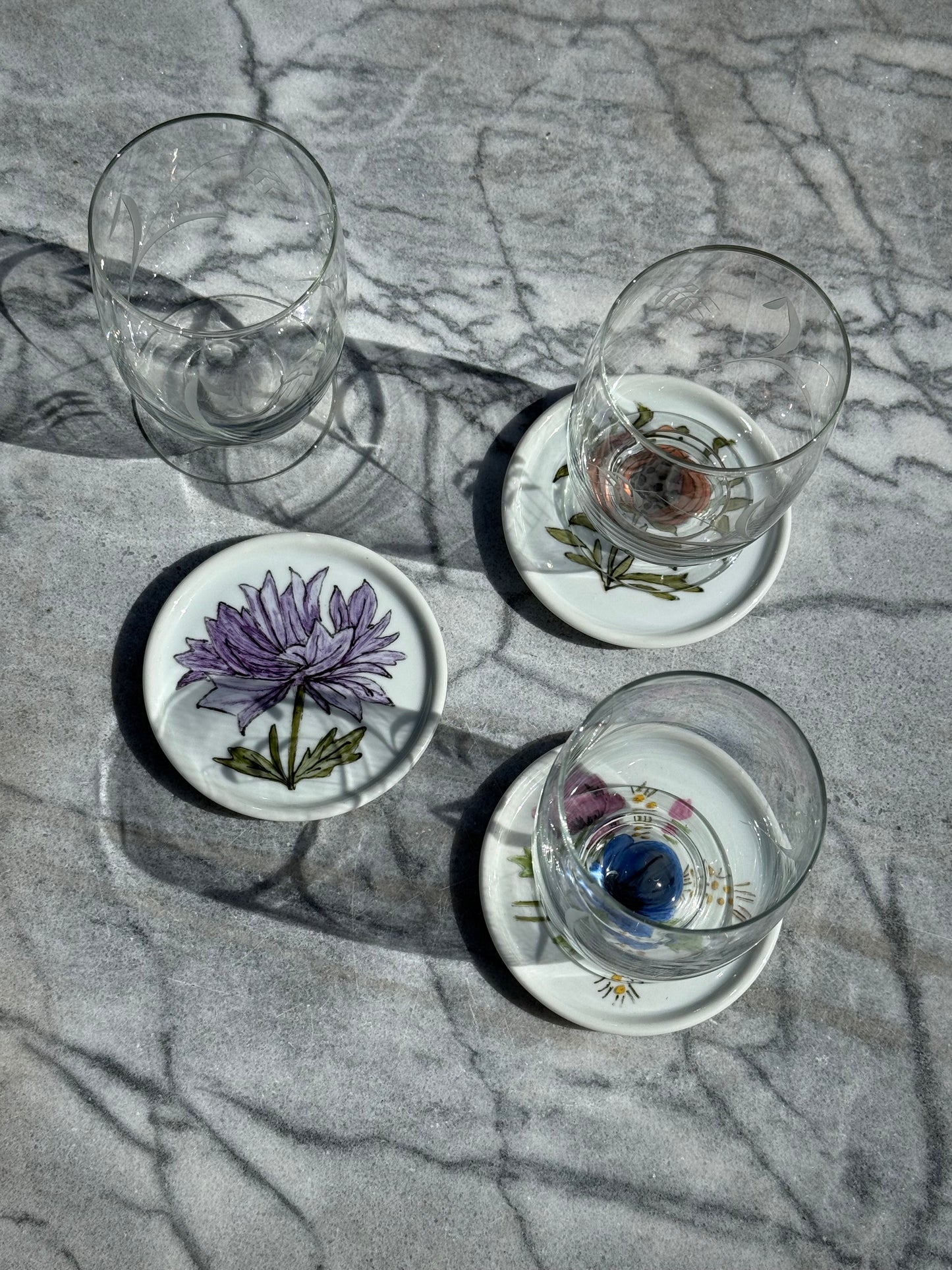 Porcelain Coasters with Hand Painted Floral Motifs Set of 6