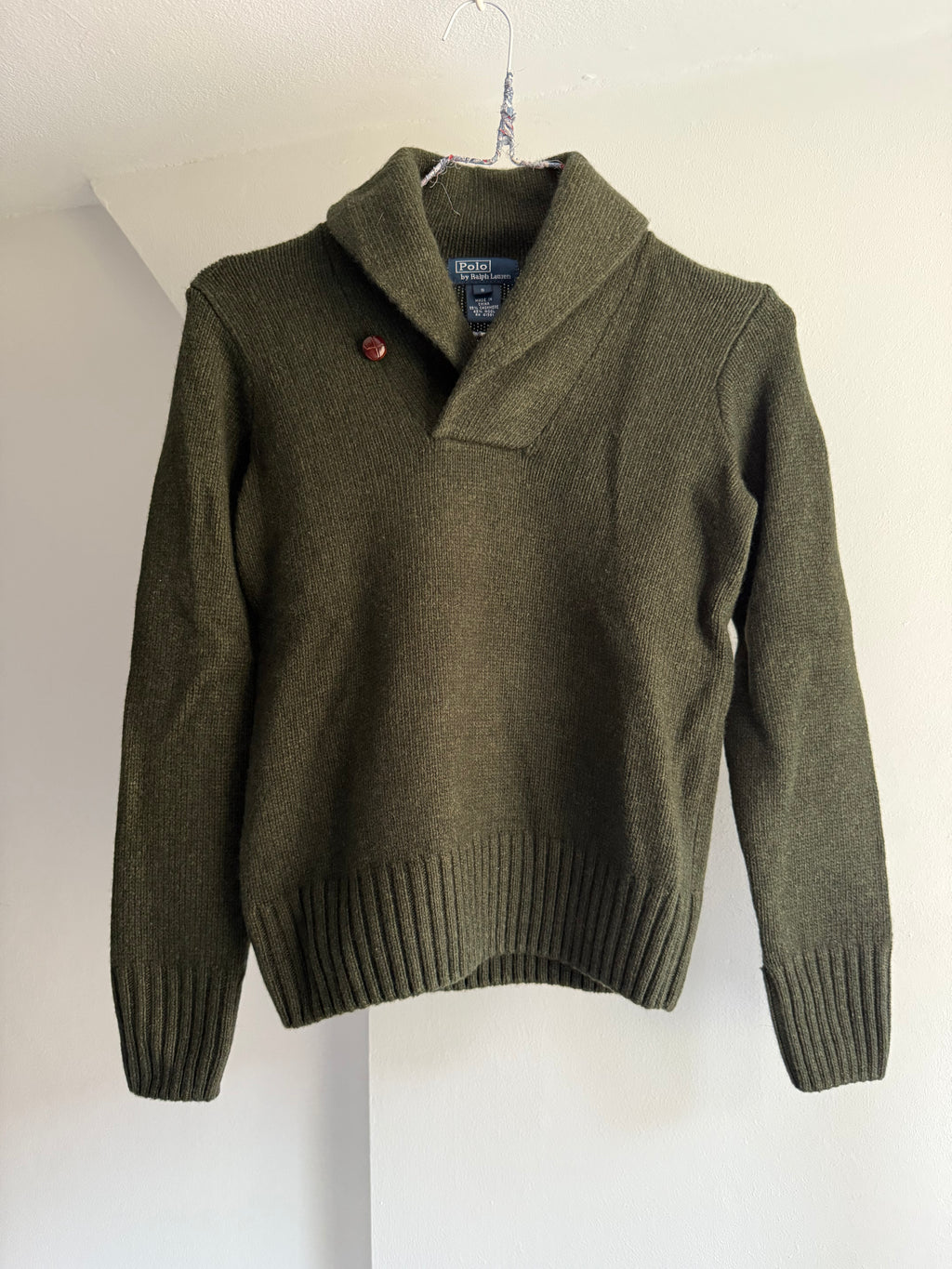 Ralph Lauren Olive Cashmere and Wool Blend Shawl Collar Sweater