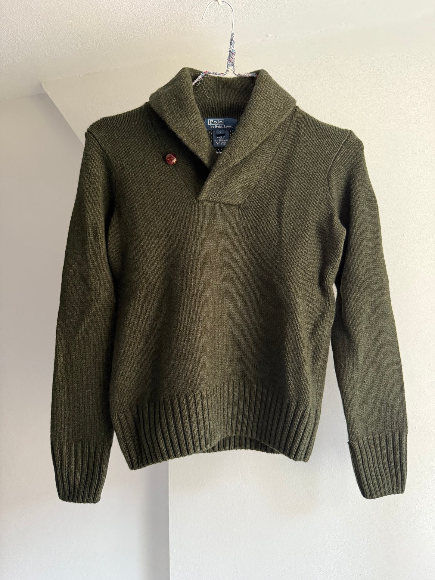 Ralph Lauren Olive Cashmere and Wool Blend Shawl Collar Sweater
