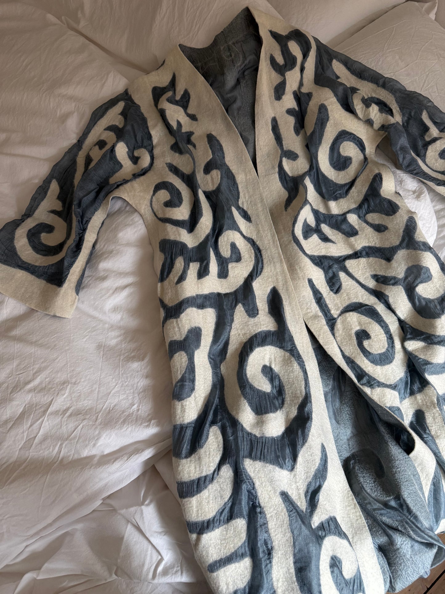 Vintage Long Kimono with Abstract Appliqué Detailing