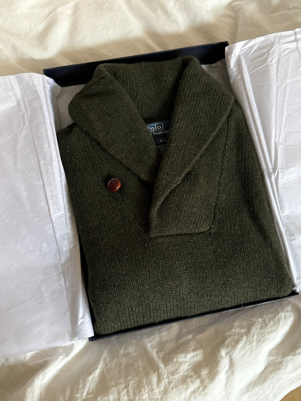 Ralph Lauren Olive Cashmere and Wool Blend Shawl Collar Sweater