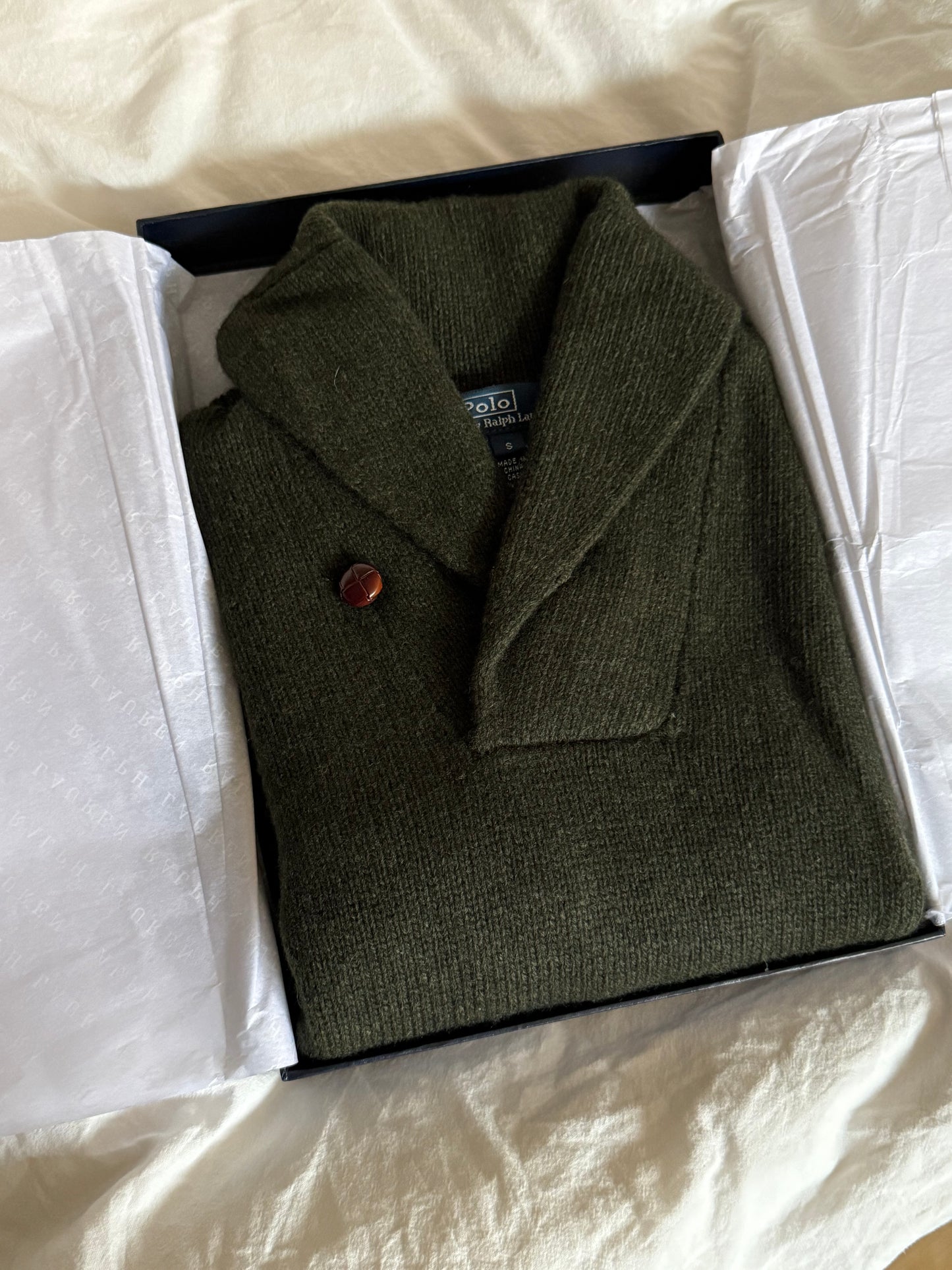 Ralph Lauren Olive Cashmere and Wool Blend Shawl Collar Sweater