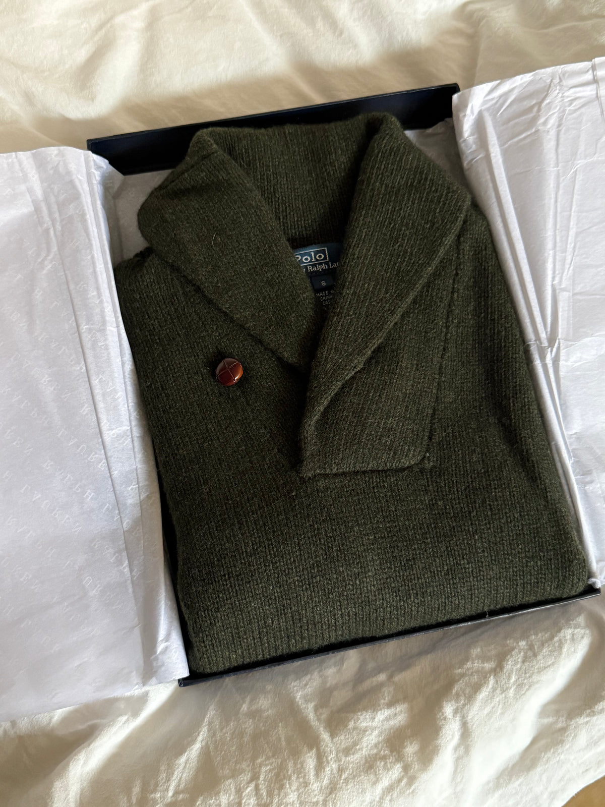 Ralph Lauren Olive Cashmere and Wool Blend Shawl Collar Sweater