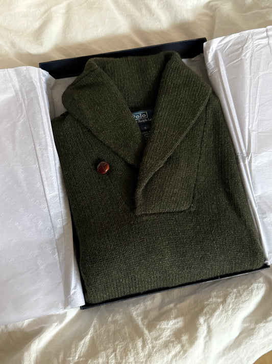 Ralph Lauren Olive Cashmere and Wool Blend Shawl Collar Sweater