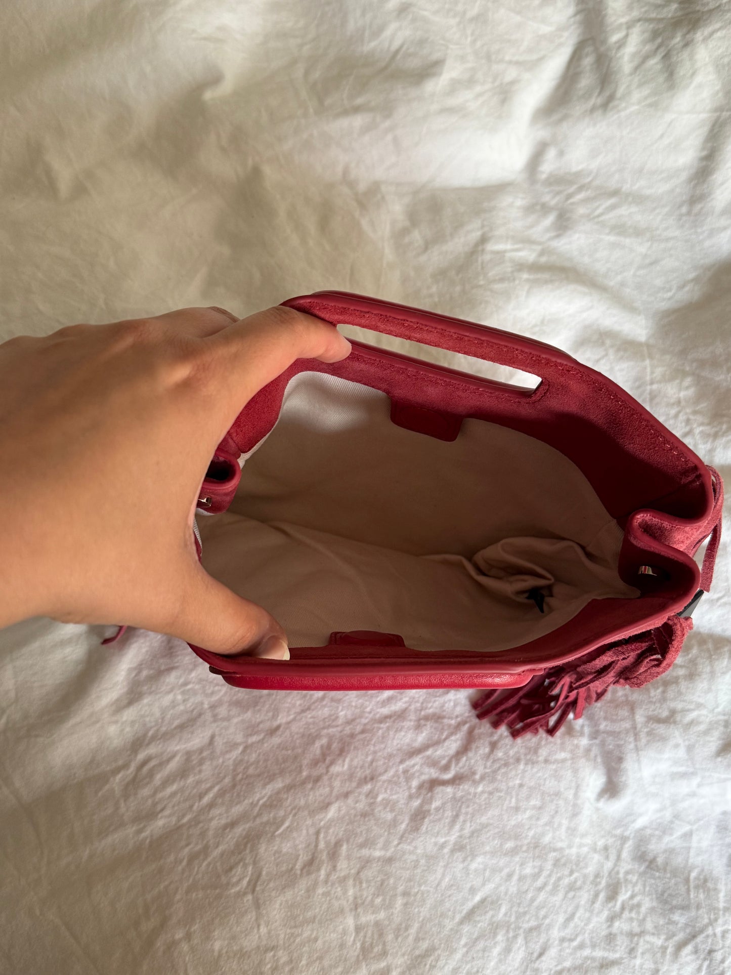 Maje Pink Suede Fringe Tote Bag