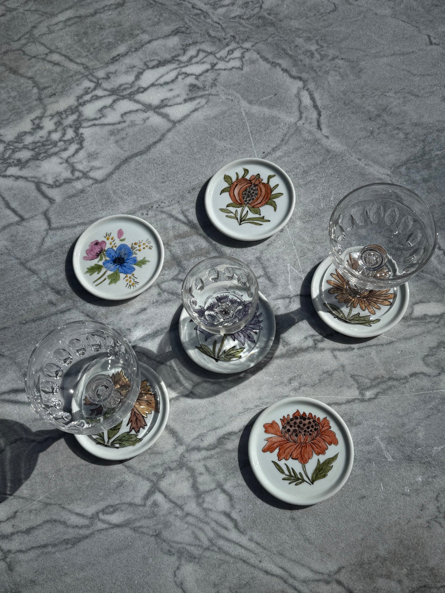 Porcelain Coasters with Hand Painted Floral Motifs Set of 6