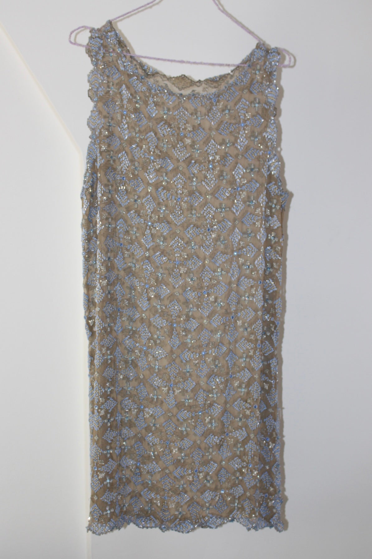 Rare Hand Beaded Vintage Cocktail Dress in Soft Nude and Blue