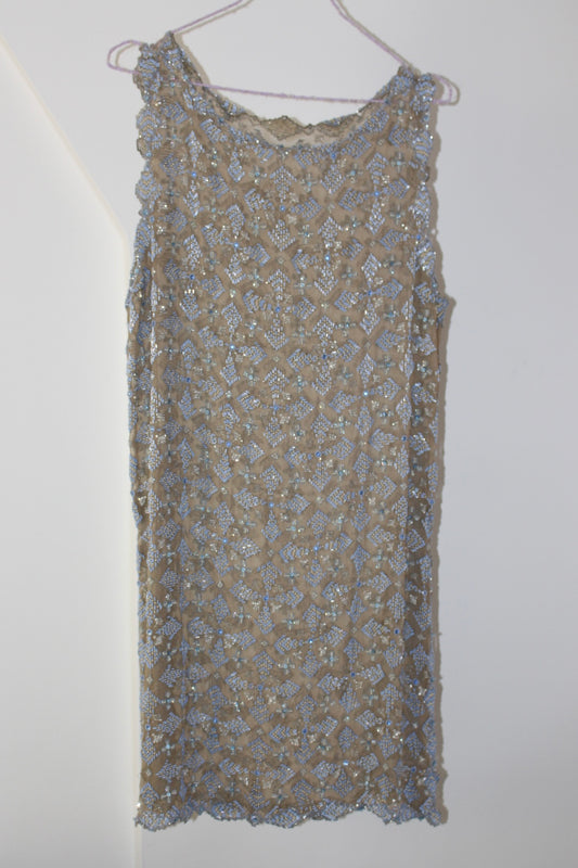Rare Hand Beaded Vintage Cocktail Dress in Soft Nude and Blue