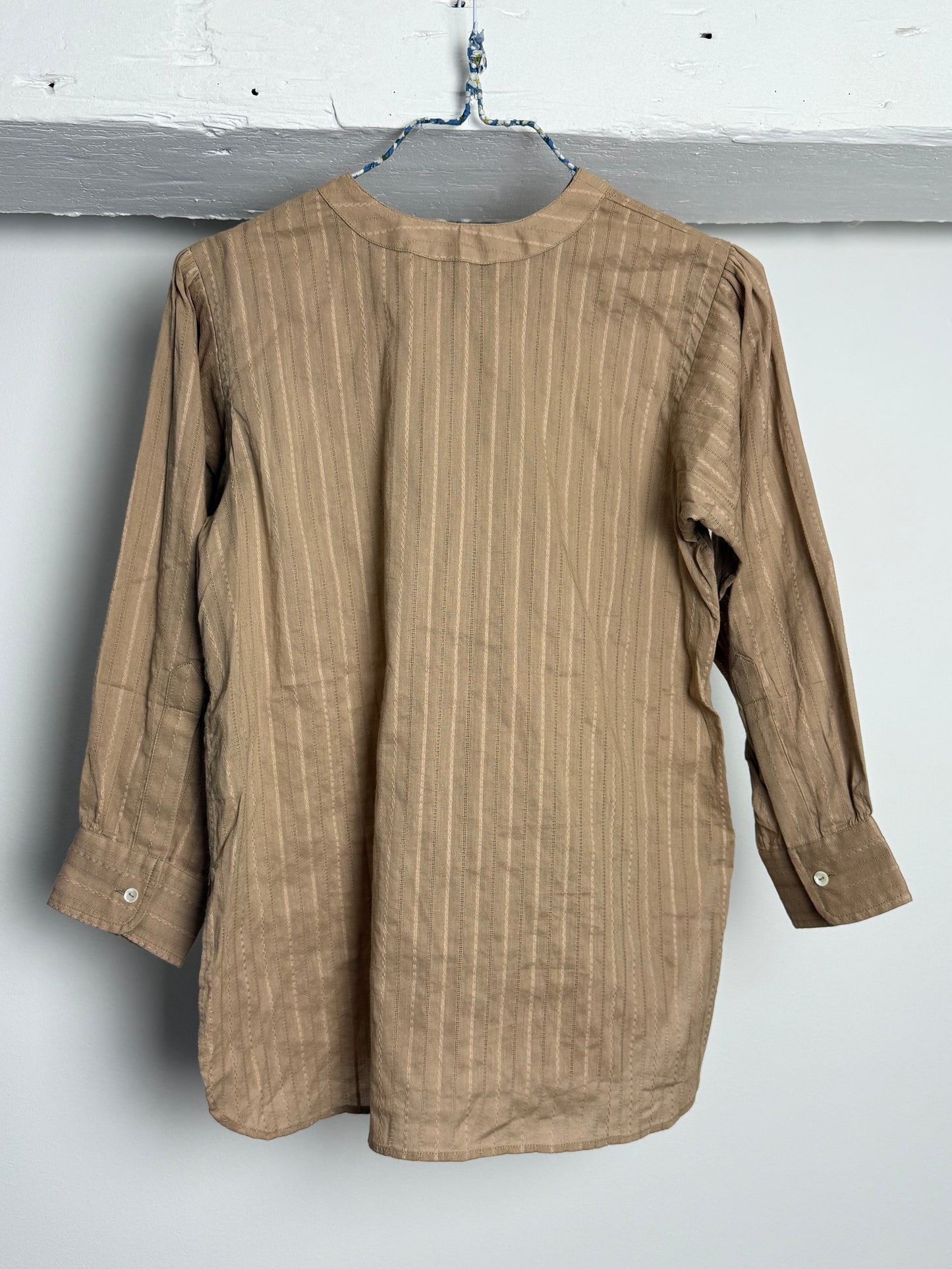 Christensen x Sigersen Beige Textured Cotton Blouse with Cropped Sleeves and Embroidered Star Detail