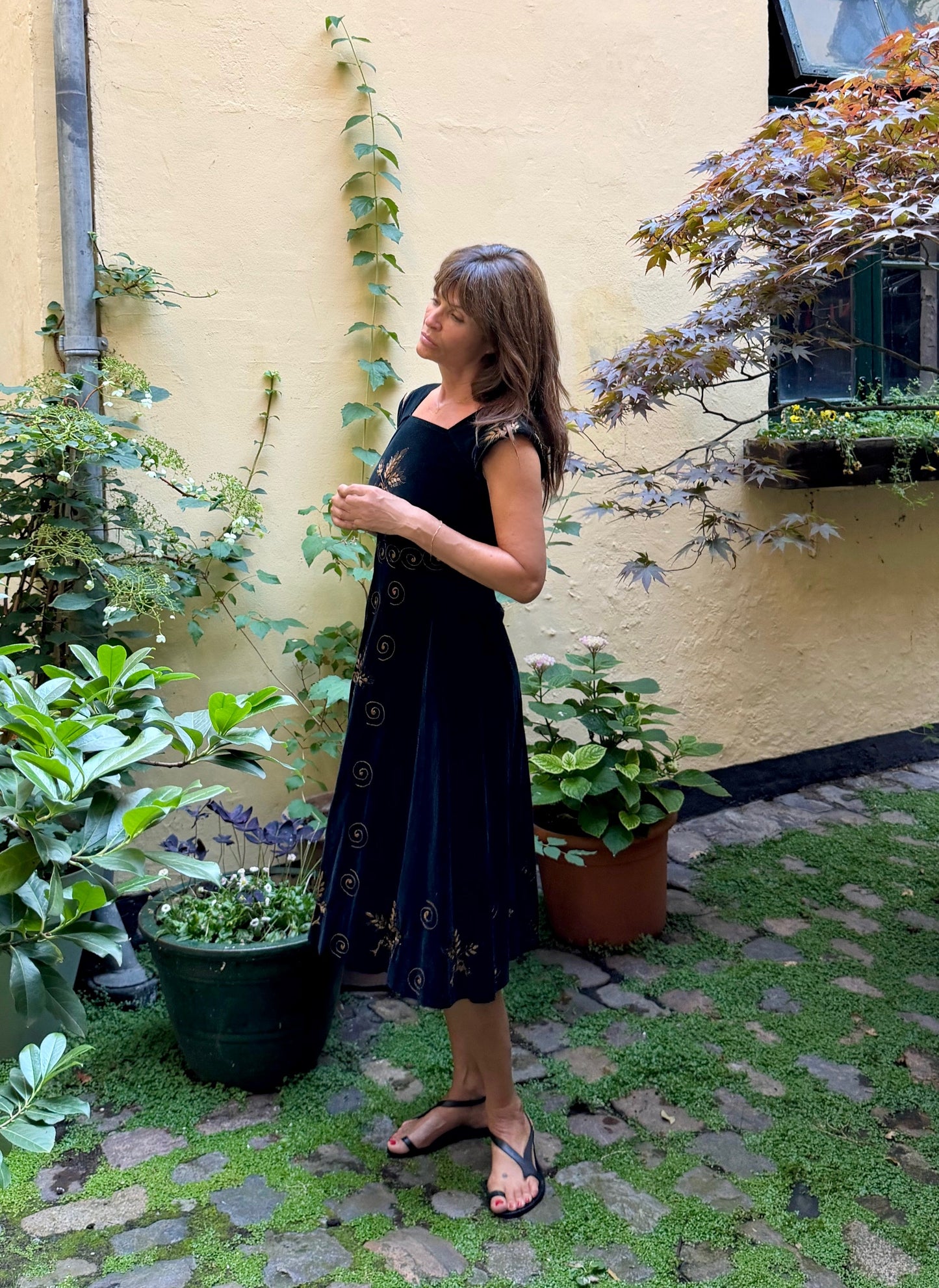 Vintage Black Velvet Embroidered Midi Dress with Gold Floral Details