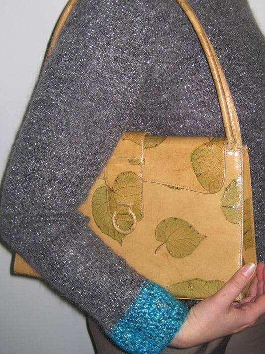 Vintage Leather Shoulder Bag and Matching Wallet with Pressed Leaves