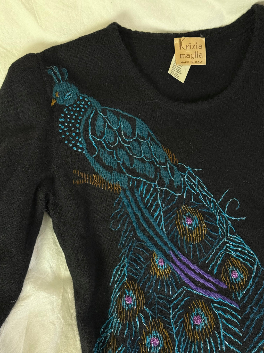 Rare Krizia Maglia Sweater with Peacock Embroidery Design