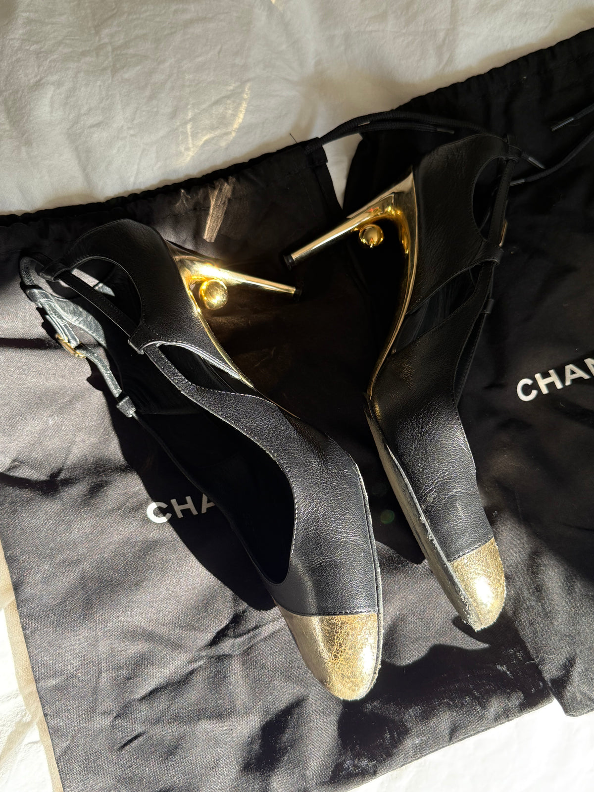 Vintage Chanel Black Leather & Gold CC Sculptural Heel Slingback Pumps