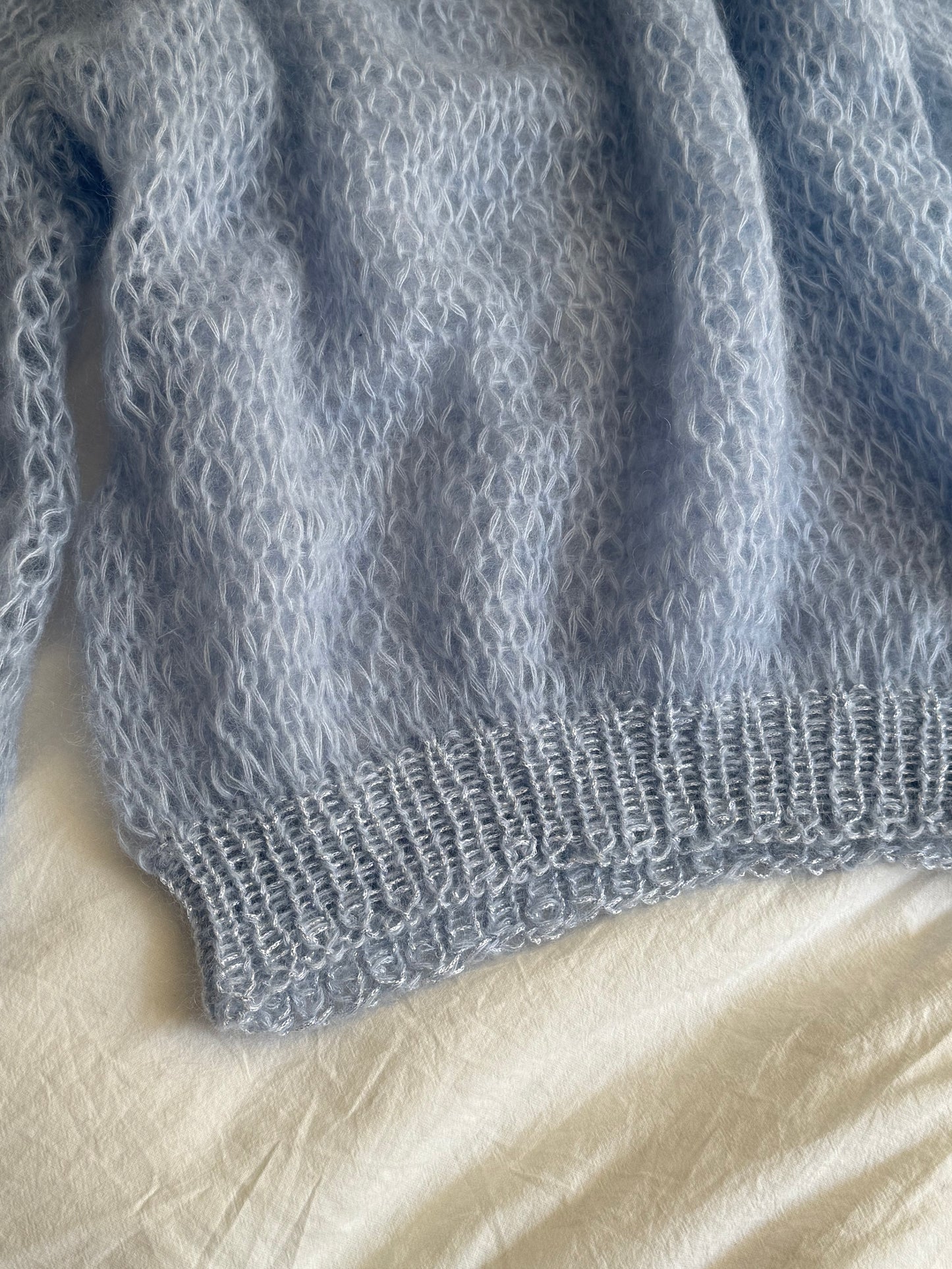 Vintage Hand-Knit Baby Blue Oversized Sweater With Silver Shimmer Trim