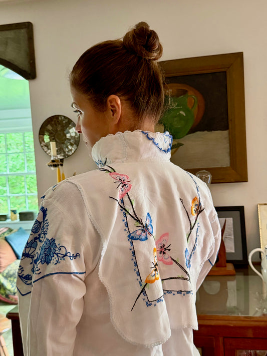 Vintage Embroidered High Neck Butterfly Blouse