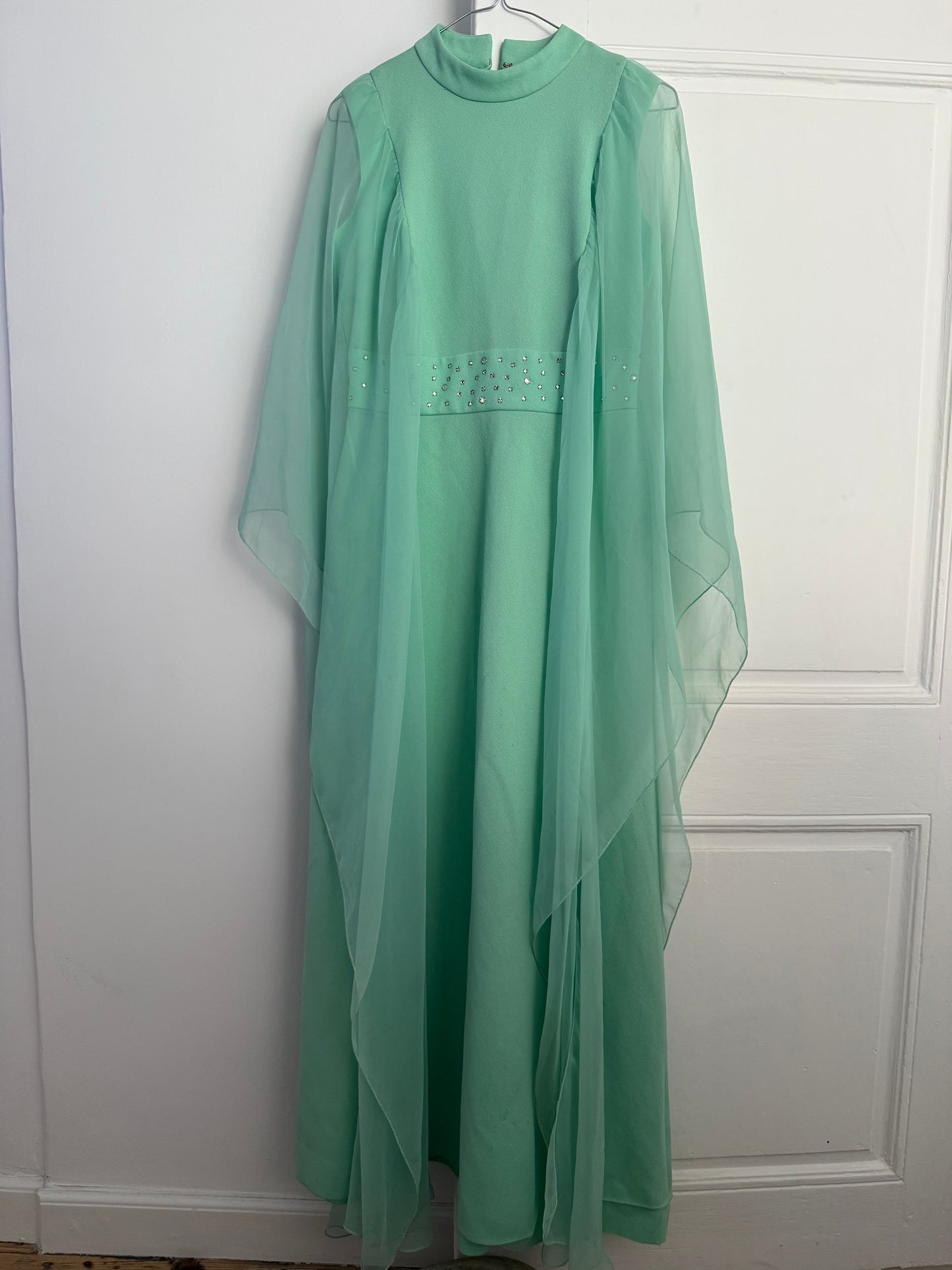 Vintage 60s-70s Mint Green Chiffon Cape Maxi Dress with Rhinestones