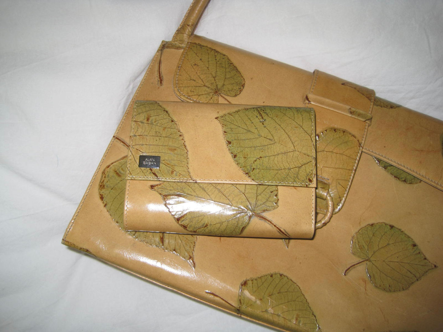 Vintage Leather Shoulder Bag and Matching Wallet with Pressed Leaves