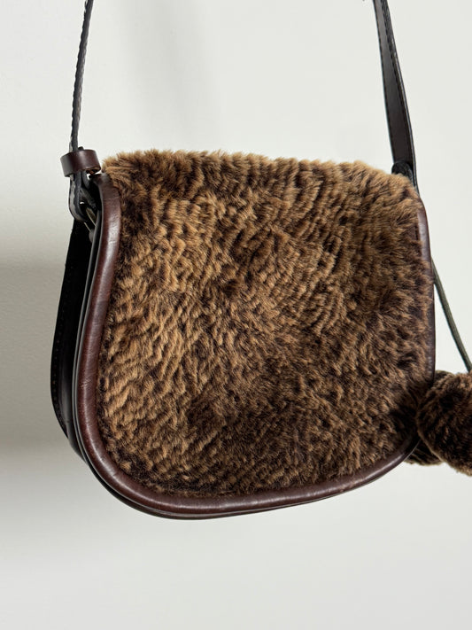 Vintage Patricia Nash Crossbody Bag in Laser Cut Sherpa with Pom Pom Detail