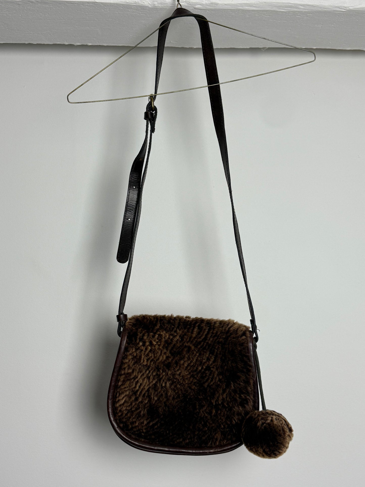 Vintage Patricia Nash Crossbody Bag in Laser Cut Sherpa with Pom Pom Detail