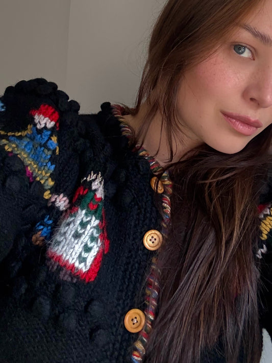 Black Knit Cardigan with Folk-Inspired Knitted Motifs
