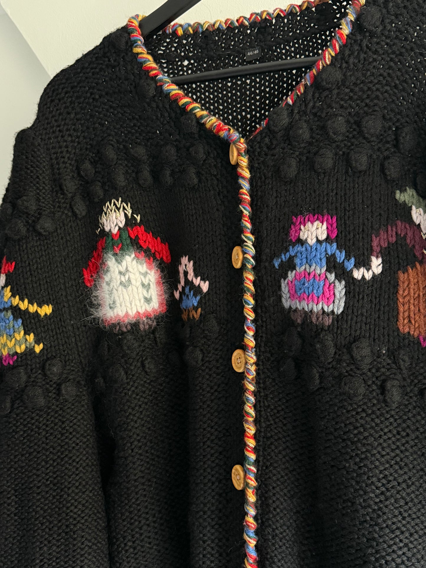 Vintage Knit Folk Art Ckunky Cardigan With Village Motif