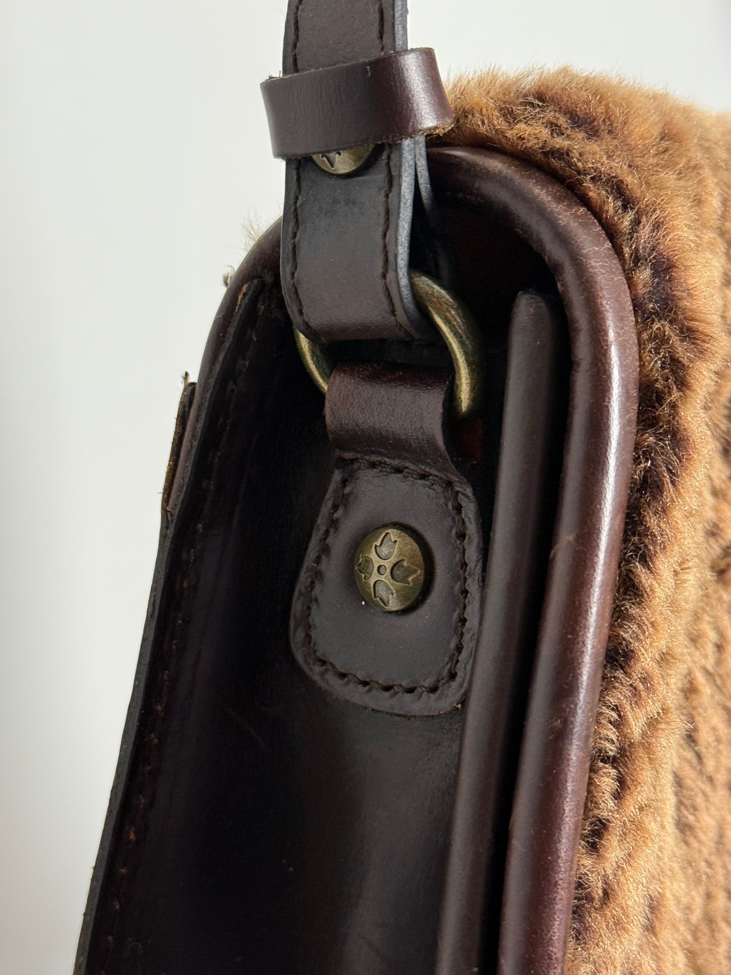 Vintage Patricia Nash Crossbody Bag in Laser Cut Sherpa with Pom Pom Detail