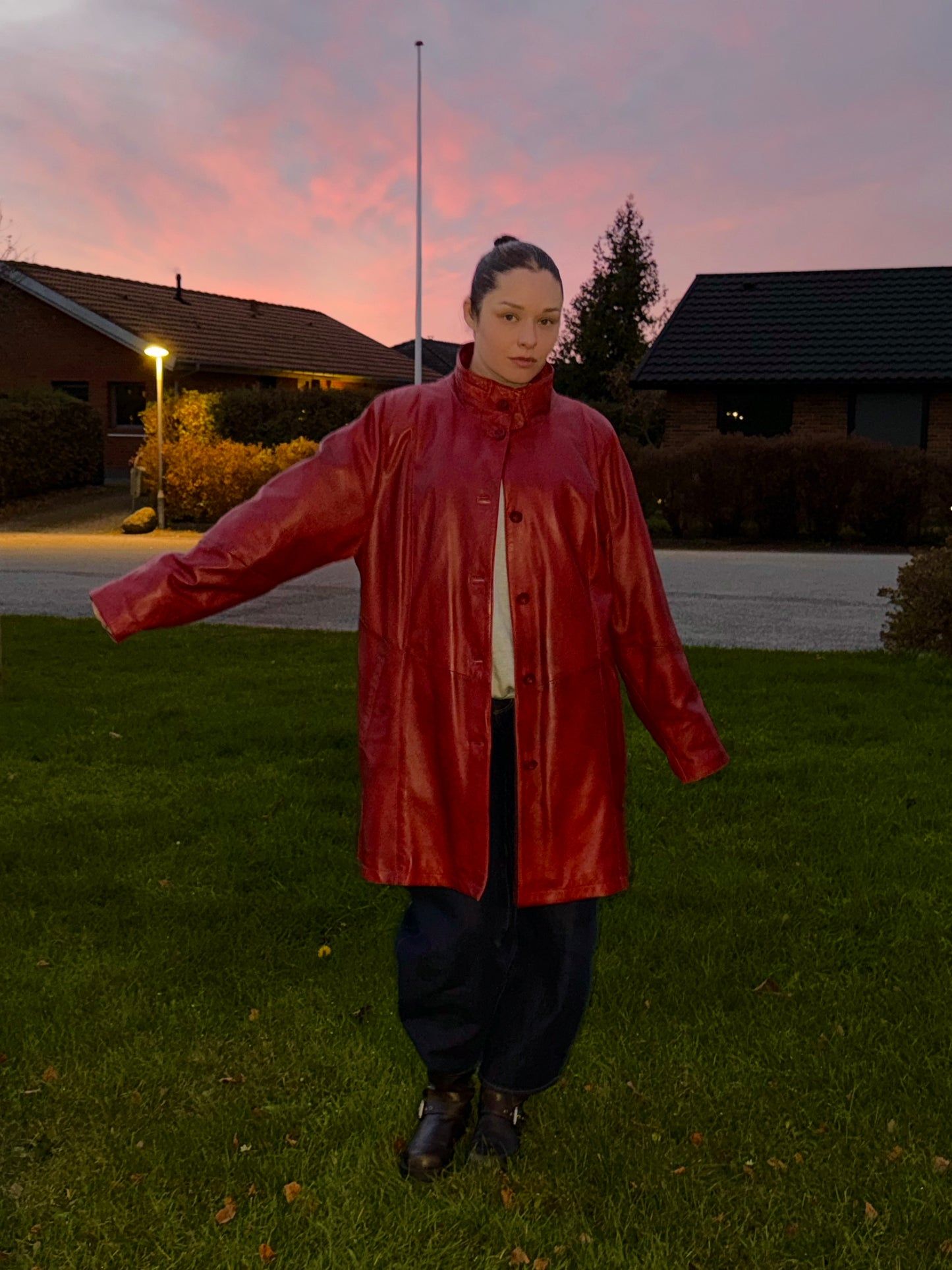 Vintage Red Long Leather Jacket