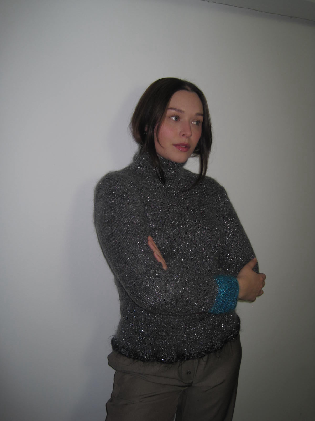 Vintage Mohair Blend Glitter Top with Pink and Blue Knitted Details on the Sleeves