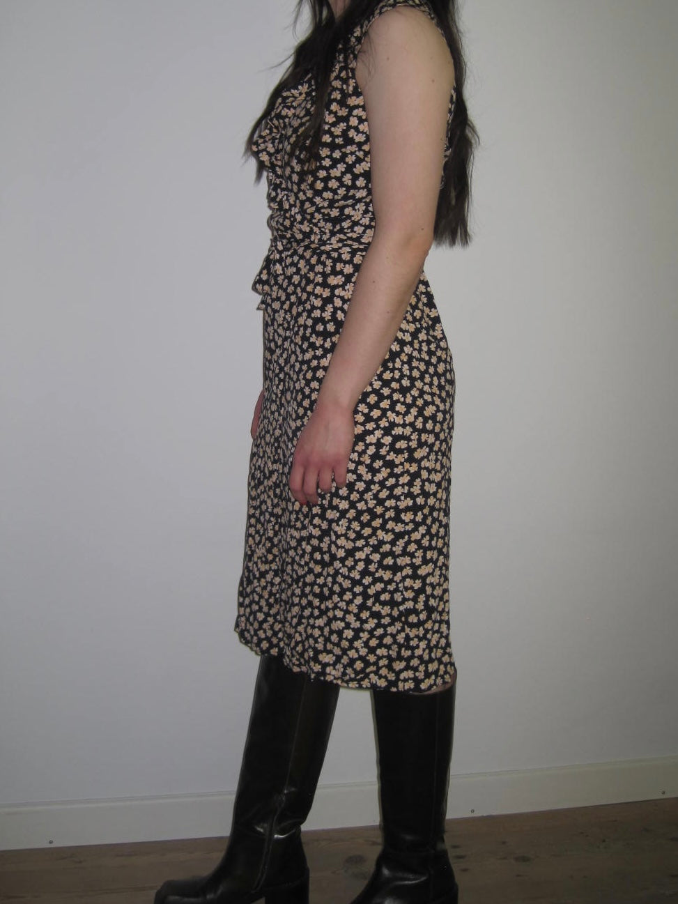 Rouje Floral Wrap Midi Dress with Soft Yellow Ditsy Print and Defined Waistband