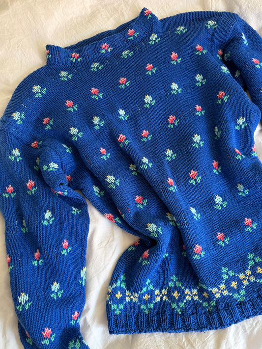 Vintage Hand Knit Blue Tulip Sweater With Folk Pattern
