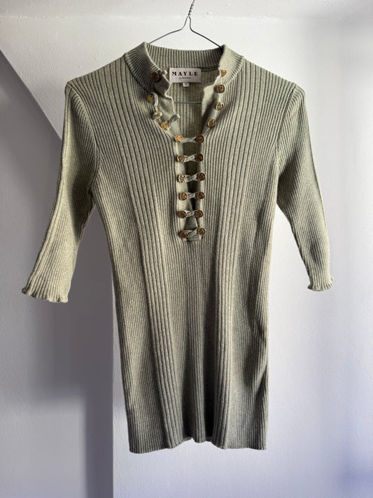 Mayle La Femme Sage Green Ribbed Knit Top With Gold Buttons