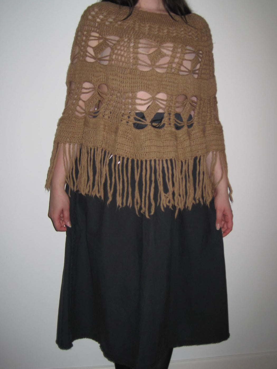 Vintage Rare Baby Alpaca Crochet Fringe Poncho Top in Camel Brown