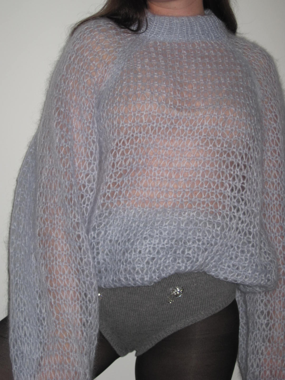 Vintage Hand-Knit Baby Blue Oversized Sweater With Silver Shimmer Trim