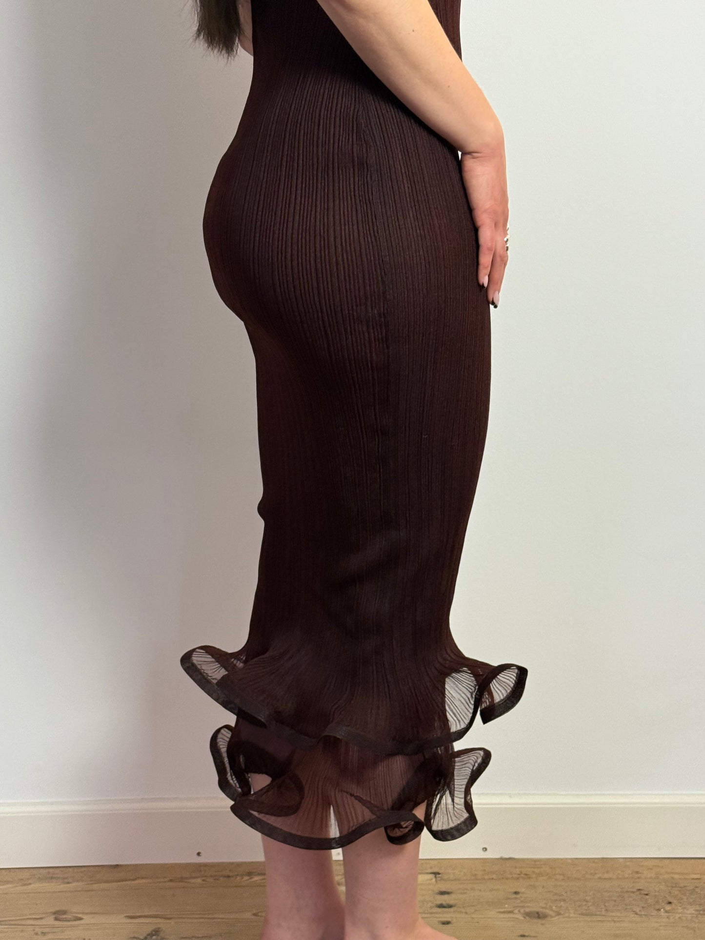 Simkhai Sheer Pleated Ruffle Hem Bodycon Chocolate Maxi Dress