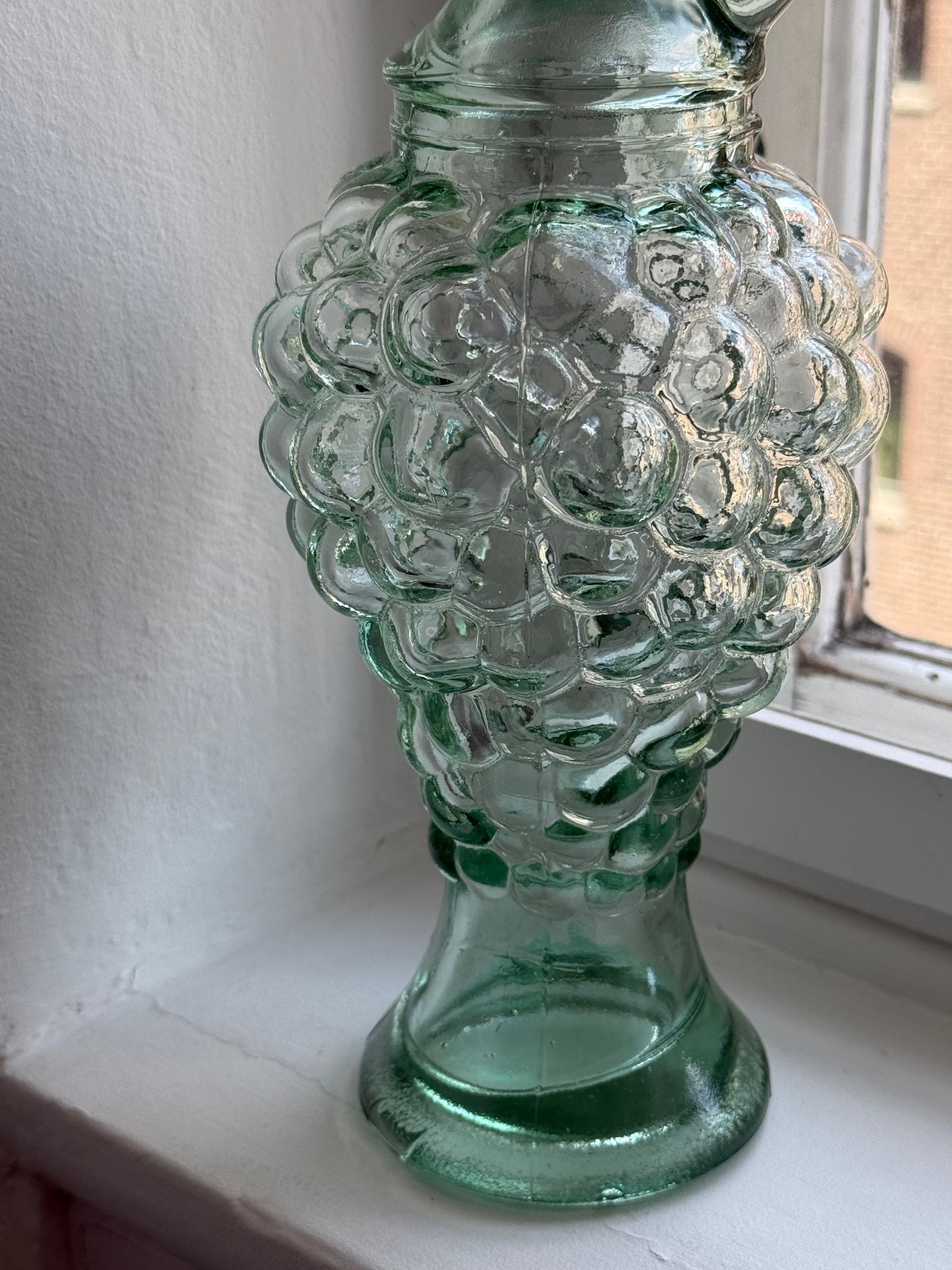 Vintage Green Glass Decanter with Grape Design