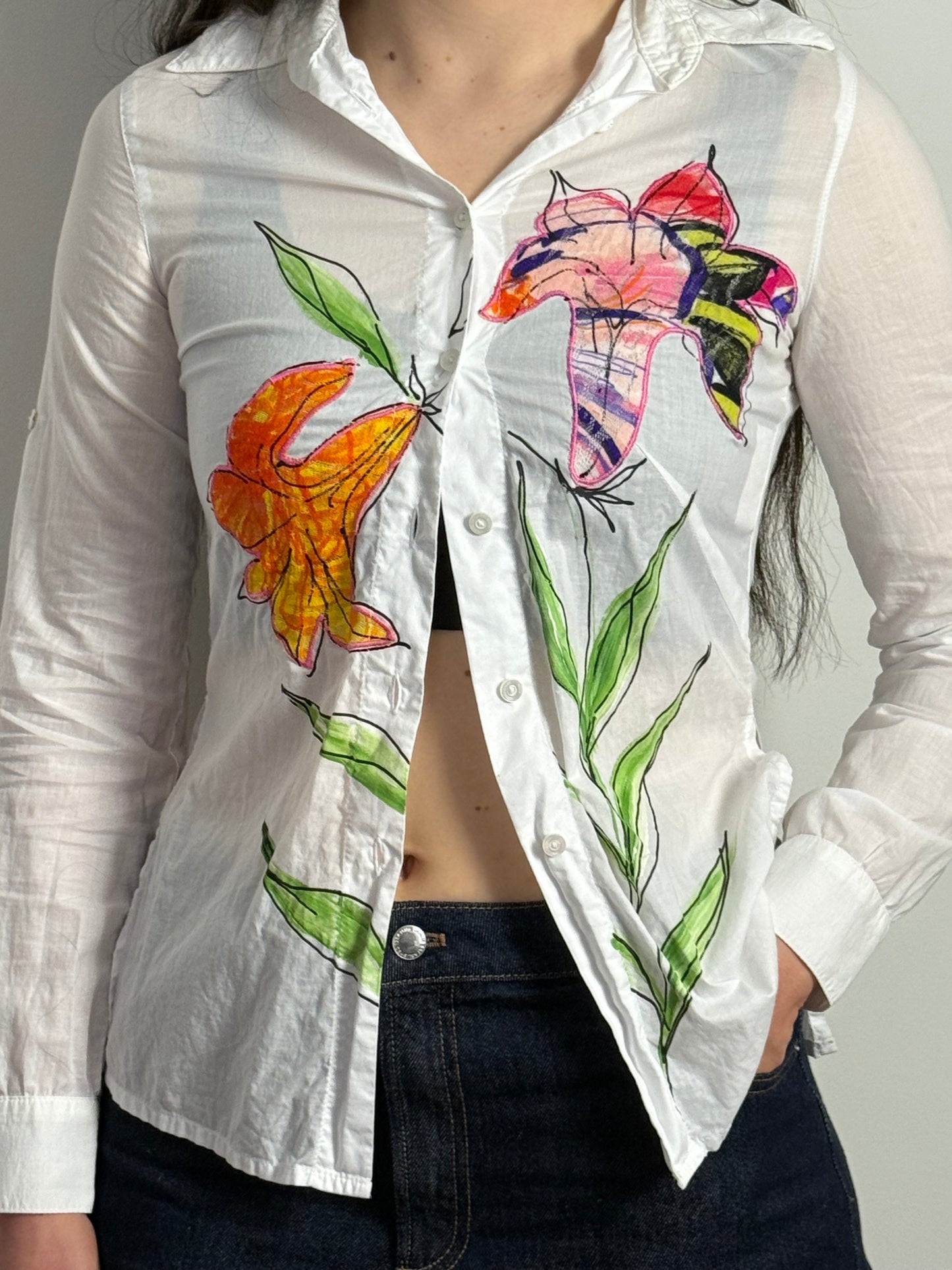 Vintage Roccobarocco White Floral Appliqué Shirt With Painted Lily Motif