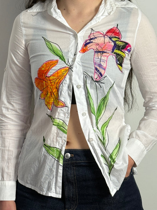 Vintage Roccobarocco White Floral Appliqué Shirt With Painted Lily Motif