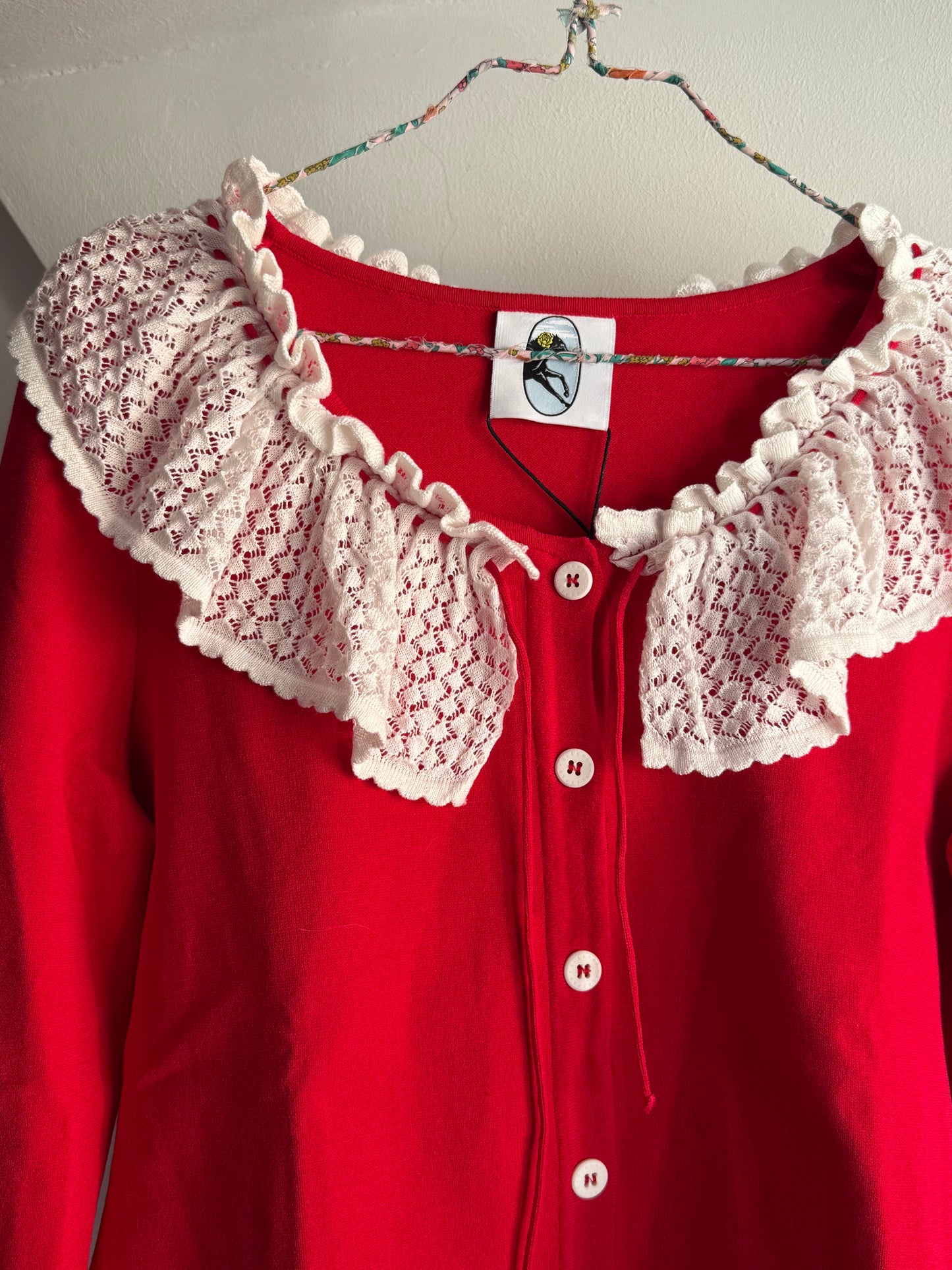 Sleeper Red Knit Cardigan with Lace Collar