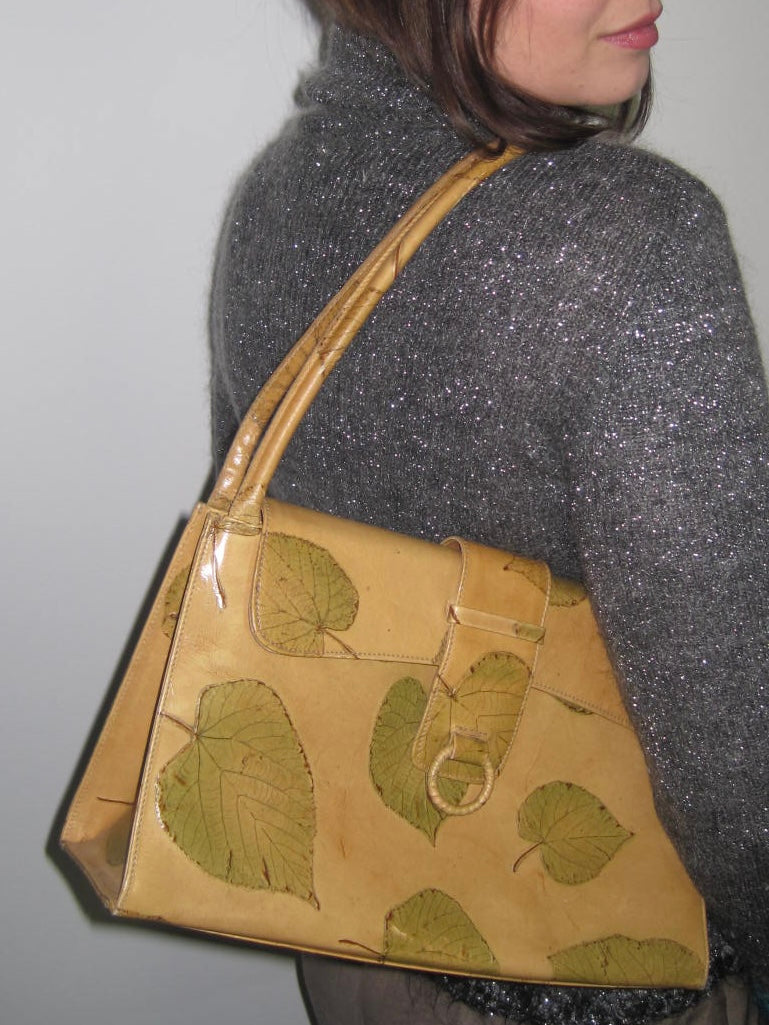 Vintage Leather Shoulder Bag and Matching Wallet with Pressed Leaves