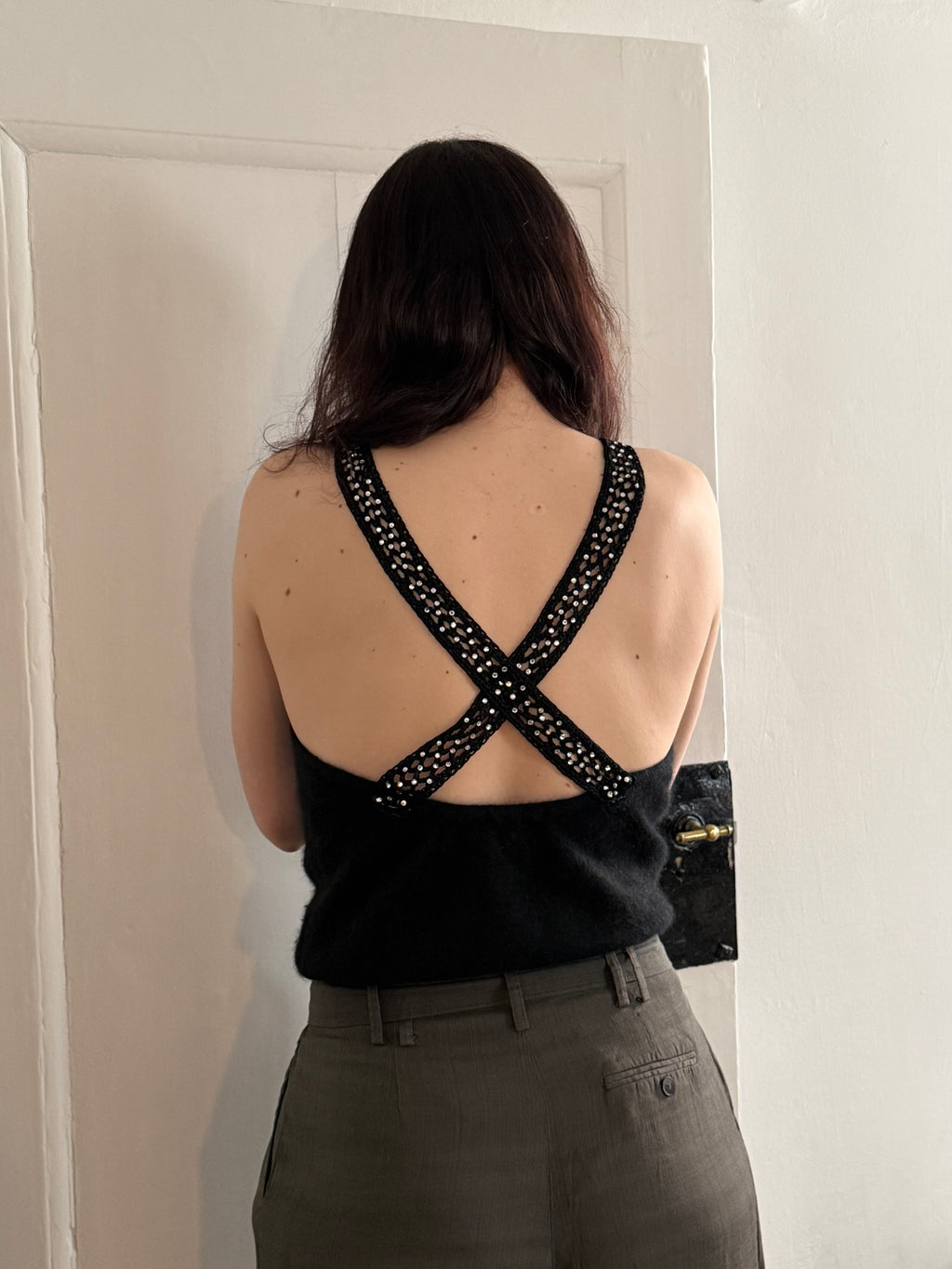Vintage Black Top with Rhinestones and a Cross-Back Design
