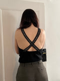 Vintage Black Top with Rhinestones and a Cross-Back Design