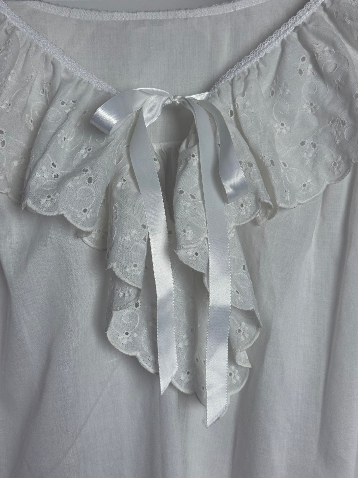 Romantic Vintage White Cotton Smock Dress with Broderie Anglaise Collar and Satin Ribbon Tie