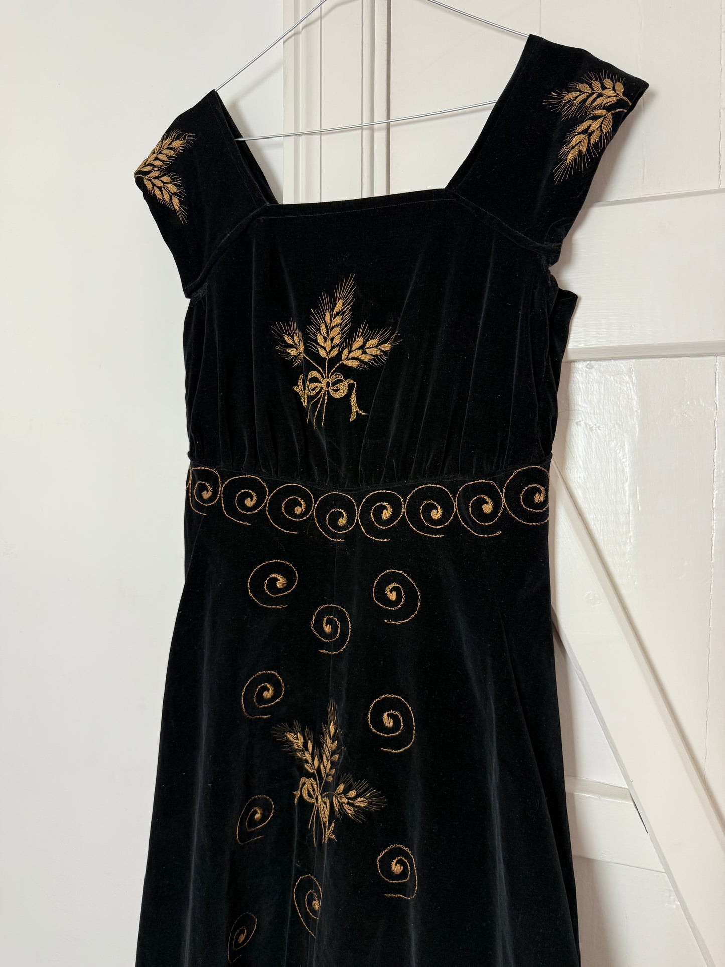 Vintage Black Velvet Embroidered Midi Dress with Gold Floral Details