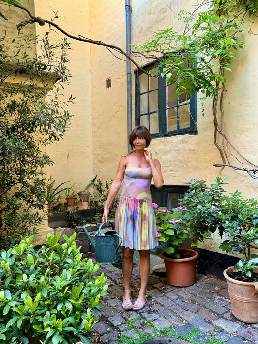 Iconic Vintage Chanel Silk Pleated Dress with Multicolor Abstract Print