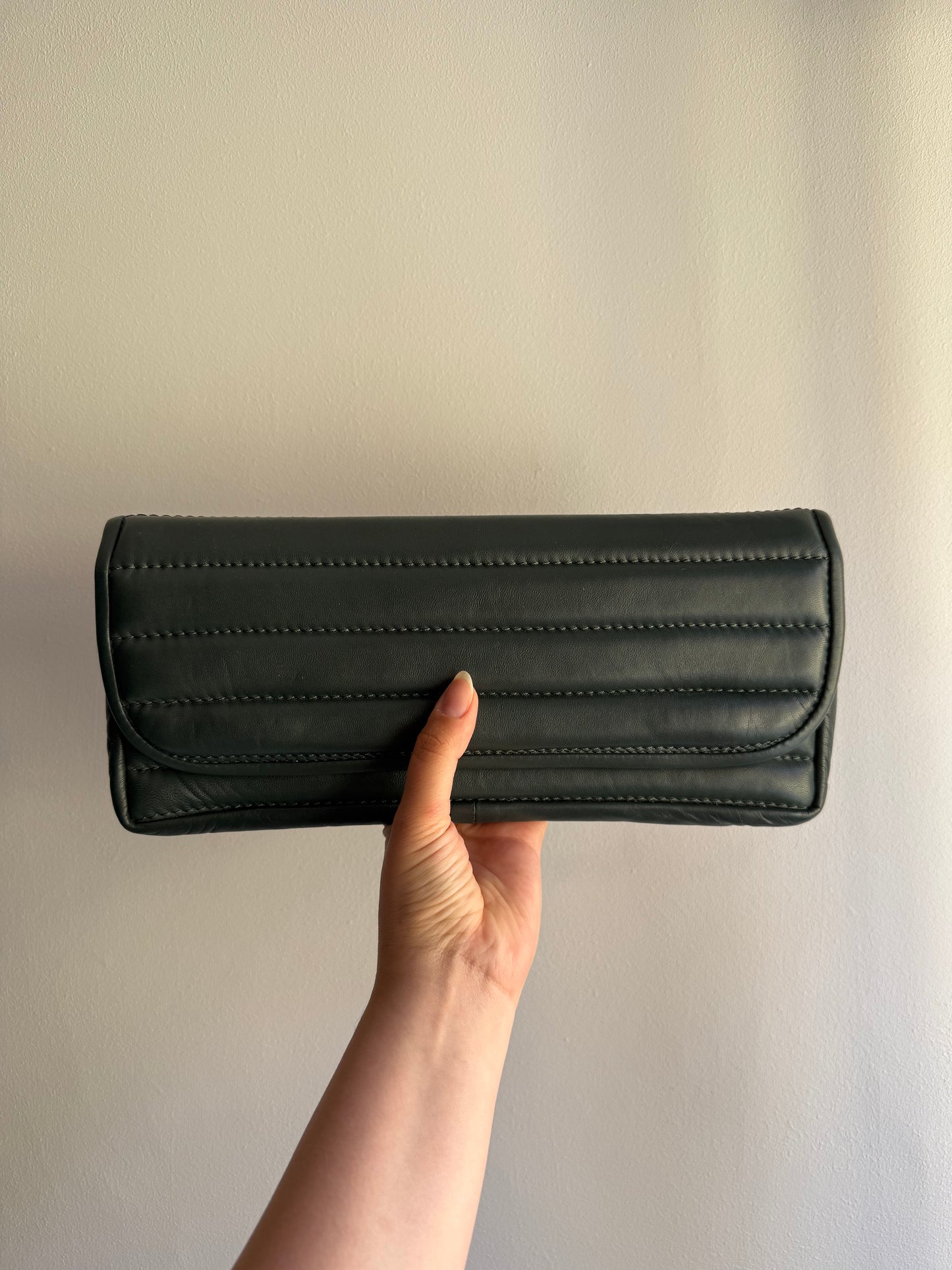 ANINE BING Dark Green Quilted Leather Clutch