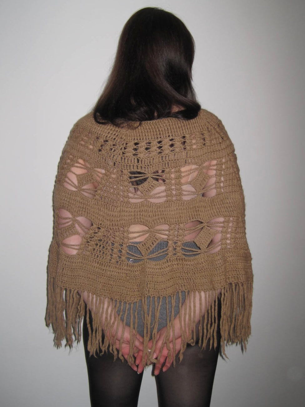 Vintage Rare Baby Alpaca Crochet Fringe Poncho Top in Camel Brown